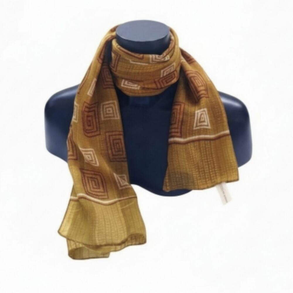 Elaine Gold Rectangular Sheer Scarf Mustard Brown Geometric Print Scarf/Wrap OS
